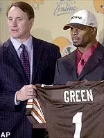 William Green, right, holds up his jersey with Browns head coach Butch Davis, left, before a news conference Saturday.