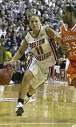Brianne Stepherson brings the ball up court against Virginia Tech in the first half.