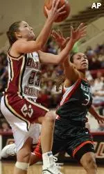 Amber Jacobs goes up for a shot against Miami's Melissa Knight during the second half.