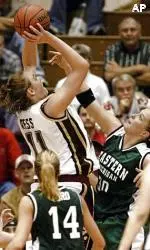 Kathrin Hess shoots over Eastern Michigan's Nikki Knapp to score the game-winning basket.