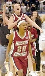 Aja Parham and Clare Droesch celebrate after knocking off Connecticut.