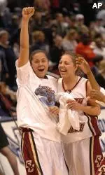 Nicole Warren, left, and Kindyll Dorsey celebrate their win for the 2004 BIG EAST Championship over Rutgers.