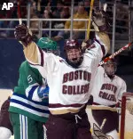 Ned Havern celebrates after his second-period goal during an NCAA East Regional game against Mercyhurst.