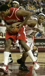 Boston College guard Marquez Haynes, right, tries to steal the ball as Fairfield forward Geoff Middleton turns to the basket in the first half. (AP Photo/Charles Krupa)