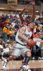 Sean Marshall drives to the basket against Clemson's K.C. Rivers in the second half. (AP Photo/Lisa Poole)