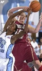 Lisa Macchia, right, and North Carolina's LaToya Pringle fight for a rebound in the second half. (AP Photo/Jeffrey A. Camarati)