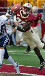 DeJuan Tribble breaks up a touchdown pass intended for Brigham Young wide receiver McKay Jacobson (80) during the second quarter. (AP Photo/Michael Dwyer)