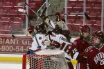 The Eagles celebrate the game-winning goal in triple overtime last Tuesday night against Harvard.