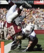 Ryan Thompson flips after being hit by UMass' Jason Hatchell shy of the goal line. (AP Photo/Michael Dwyer)