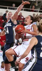 Corey Rusin drives to the hoop in a tough loss to No. 15 Notre Dame on Sunday afternoon at Conte Forum.