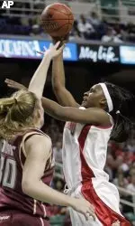 Freshman Carolyn Swords attempts to block Maryland's Crystale Langhorne's shot in a game this past season. Langhorne finished No. 1 in the nation in FG percentage, while Swords was third.