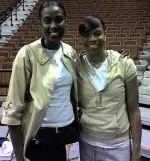 Boston College head coach Sylvia Crawley met with some old friends prior to conducting a prayer service before the WNBA game between Connecticut and Houston. Here, Crawley meets up with 11-year WNBA vet Tina Thompson.