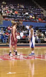 Carolyn Swords prepares for the jump prior to a 69-68 win over SMU. Swords was the tournament MVP.