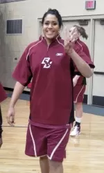 Mary Nwachukwu walking out to the court prior to the game vs. California in San Diego.