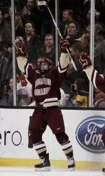 Boston College's Chris Kreider celebrates his goal with teammate Edwin Shea (8) during the second period against Boston University in the championship game of the 58th Beanpot college hockey tournament in Boston, Monday, Feb. 8, 2010. (AP Photo/Winslow Townson)