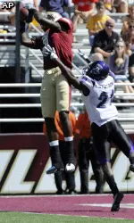 Boston College's Ifeanyi Momah, left, grabs a pass against Weber State's Antwain Stutson during the first quarter. (AP Photo/Lisa Poole)