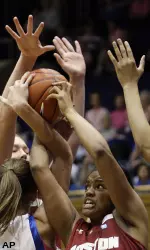 Duke's Allison Vernerey, left, and Boston College's Korina Chapman reach for the ball.