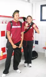 Freshman Deidre Smith and Katie Zenevitch prior to the game vs. La Harve in Paris, France on Thursday afternoon.