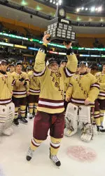 Senior forward Barry Almeida hoists the 2012 Hockey East Tournament title, the team's third straight and record 11th overall. Almeida and the Eagles will face Air Force in the 2012 NCAA Northeast Regional on Sat., March 24 at 4 p.m.