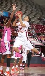Junior Shayra Brown attacks the basket in a game against Clemson last season.