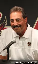 Head coach Frank Spaziani addresses reporters during the team's annual media day on Friday.