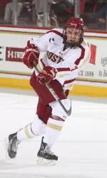 Junior Isaac MacLeod takes a shot in a game against Vermont during the 2011-12 season.