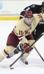 Sophomore forward Danny Linell played defense in the team's 5-1 loss to PC in the regular-season home finale