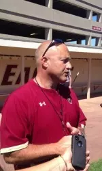 BC coach Steve Addazio addresses the media following the team's first practice of the 2013 preseason.
