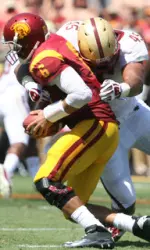 Mehdi Abdesmad sacks Southern California QB Cody Kessler in Saturday's 35-7 loss to the Trojans in L.A. Memorial Coliseum.