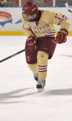 Junior Johnny Gaudreau extended his point-streak to 14 games with a pair of goals against Notre Dame.