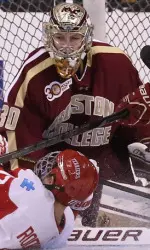 Freshman goaltender Thatcher Demko won his Beanpot debut with 27 saves
