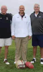 Head Coach Steve Addazio with former head coaches Joe Yukica (1968-77) and Jack Bicknell (1981-90).