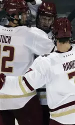 Alex Tuch (left) and Noah Hanifin (right) joined classmate Zach Sanford as Friday night's goal scorers