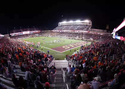 Alumni Stadium at night with firewords