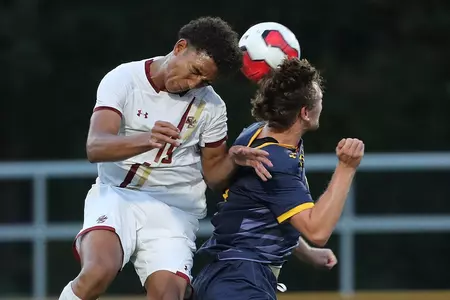 Victor Souza challenges for a ball in the air vs. Merrimack (10.1.19)