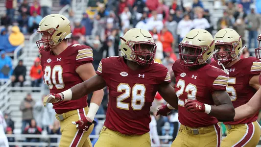 Travis Levy celebrates a blocked punt recovered for a BC touchdown vs. Louisville in 2018.