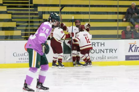 Hannah Bilka celebrates a goal at Vermont.
