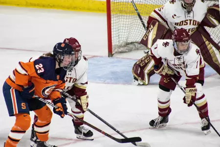 Lindsay Agnew and Maegan Beres line up against Syracuse.