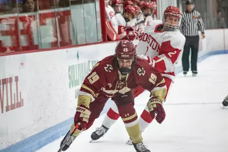 Hannah Bilka battles for the puck against the boards against BU.