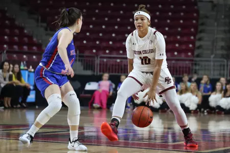 Makayla Dickens dribbling up court against St. Francis at Conte Forum on Nov. 10, 2019.