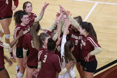 The volleyball team celebrates against Wake Forest