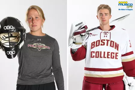 Sarah Dwyer (left) holds up her field hockey goalie helmet and Spencer Knight (right) poses in his gear.