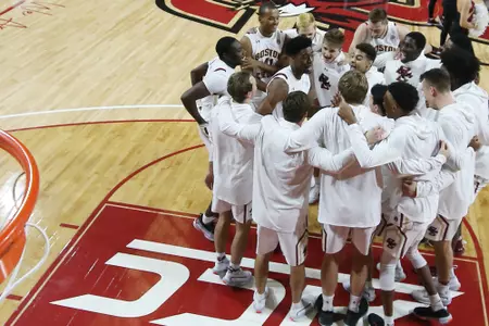 BC Men's Basketball huddles up before the Belmont game