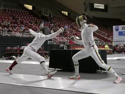 Boston College, left, competes against Notre Dame in the epee team competition during the 2019 ACC Fencing Championships in Chestnut Hill, Mass., Saturday, February 23, 2019. (Photo by Mary Schwalm, the ACC)