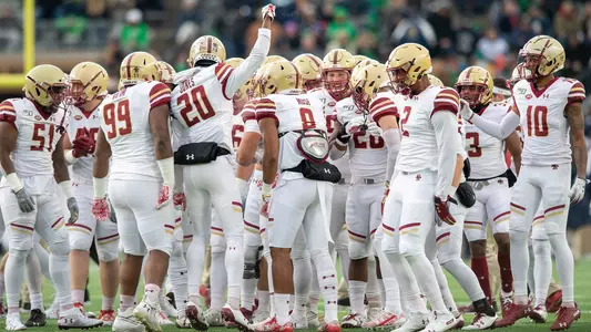 The BC defense huddles up before kickoff at Notre Dame.