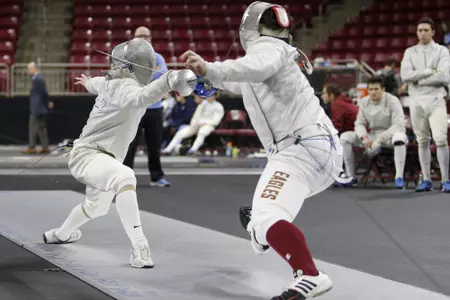 North Carolina's Daniel Mogilevsky fences Boston College's Connor Rounds during the 2019 ACC Fencing Championships in Chestnut Hill, Mass., Sunday, February 24, 2019. (Photo by Mary Schwalm, the ACC)
