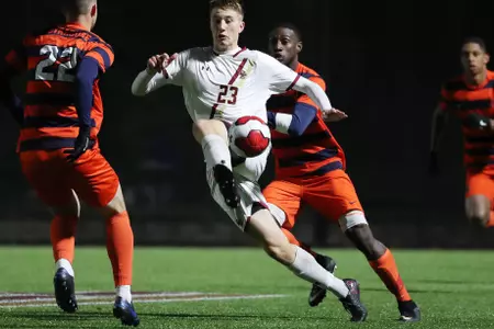 Stefan Sigurdarson brings the ball down against Syracuse, Nov. 1, 2019