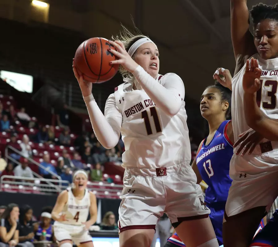 Senior Emma Guy going back up with a rebound vs. UMass Lowell, Nov. 5, 2019