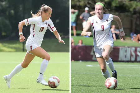 Olivia Vaughn (left) and Sam Smith (right) dribble the ball up the field.