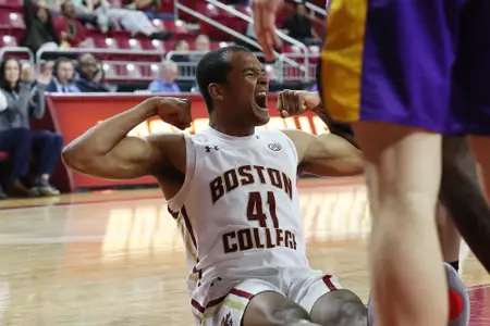 BC's Steffon Mitchell flexes after an and-one call vs. Albany